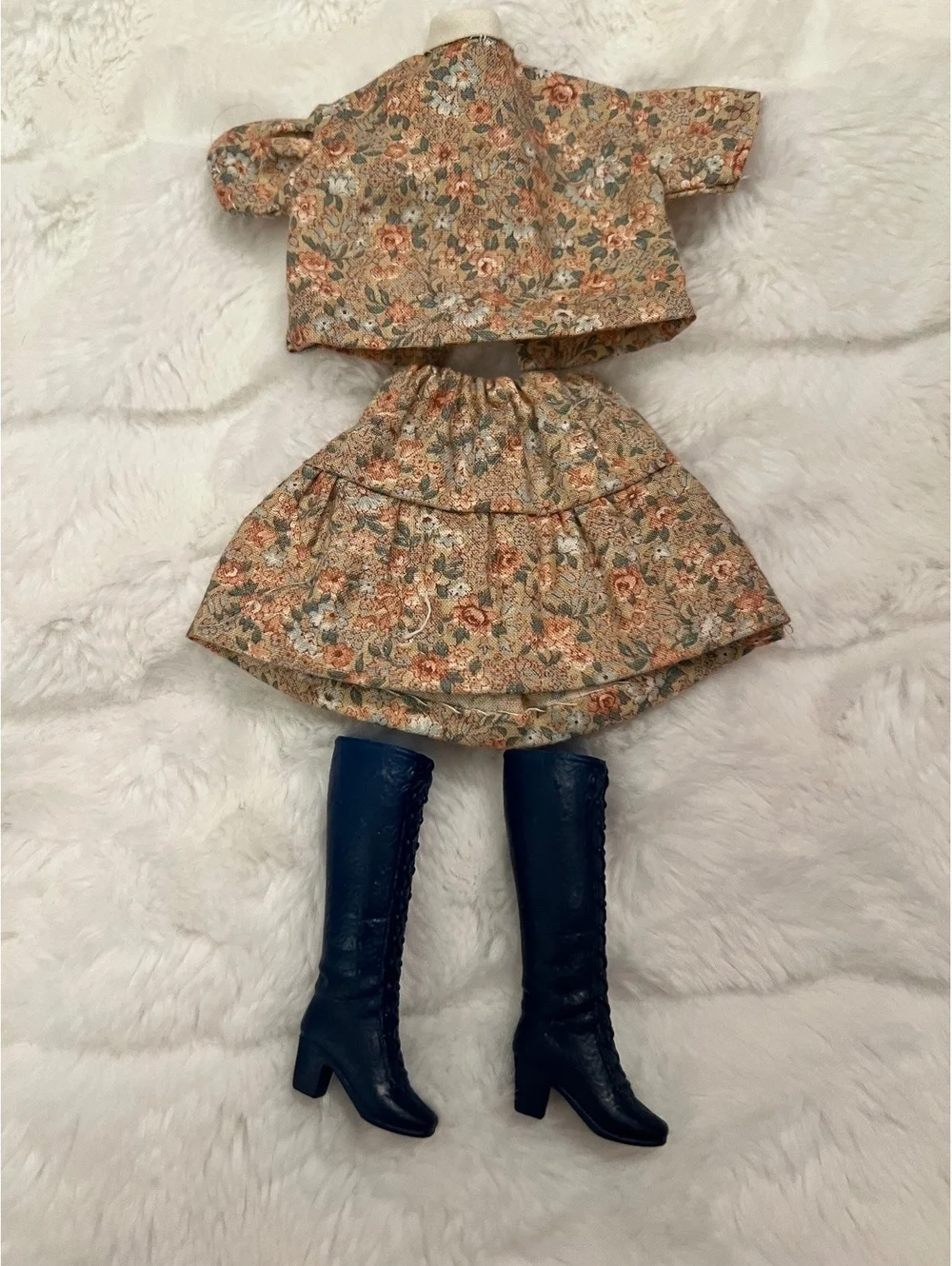 Vintage Barbie Fall Floral Crop top Matching Mini skirt Navy knee high boots